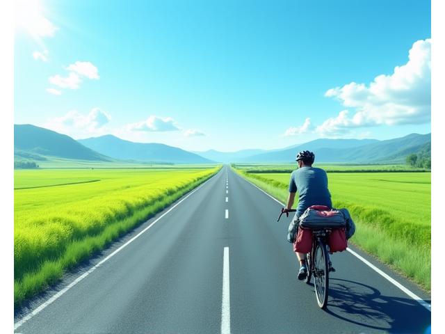 北海道の雄大な自然の中を自転車で走るバイカー
