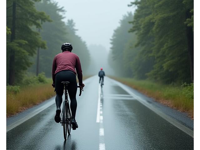 雨の中を走行するサイクリストの背中と濡れた路面