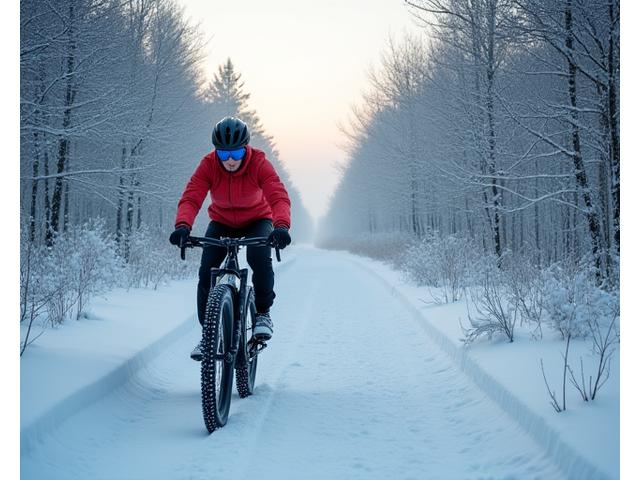 雪道を走行するファットバイクと防寒装備のバイカー