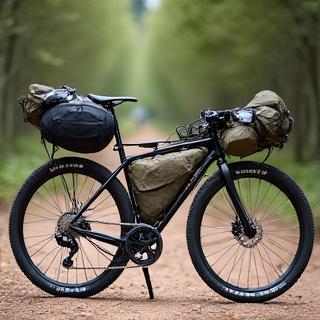 テントや寝袋などを含む完全に装備されたバイクパッキング自転車