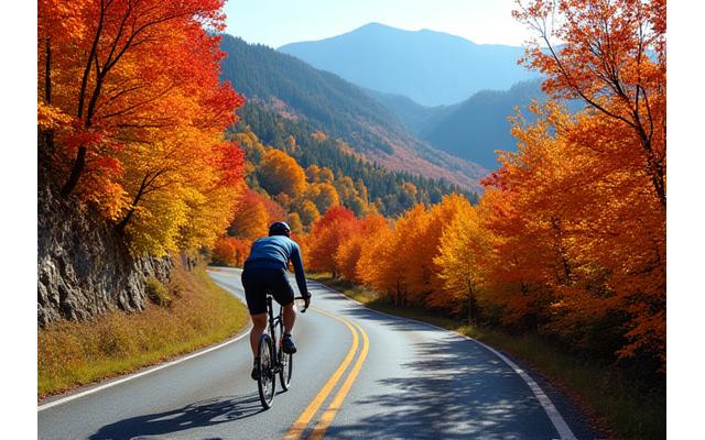 紅葉の山道を登るバイクツーリスト